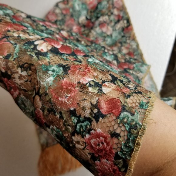 Ladies Floral Mesh Scarf with Shiny Peach Fringe 52 inches - Picture 4 of 7